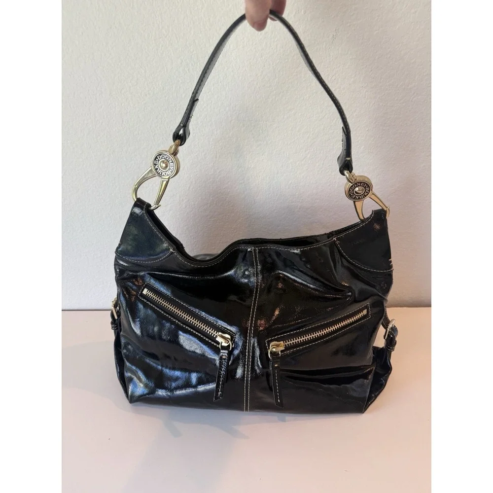 Dooney & Bourke Black Patent Leather‎ Medium Hobo Shoulder Bag Zip Pocket Nice
